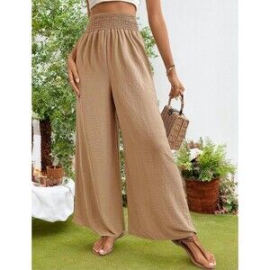 Womens Palazzo Wide Leg Shirred (Textured) Pants with Pockets, Size XL Tan